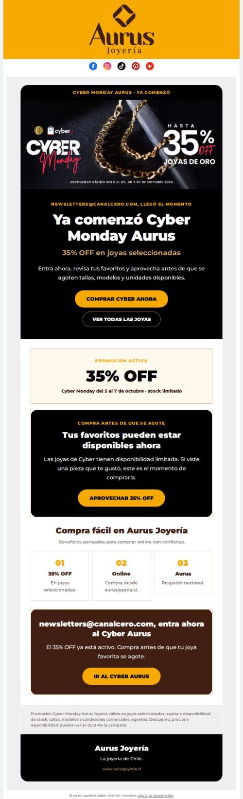 newsletters@canalcero.com, ya comenzó Cyber Monday Aurus: 35% OFF