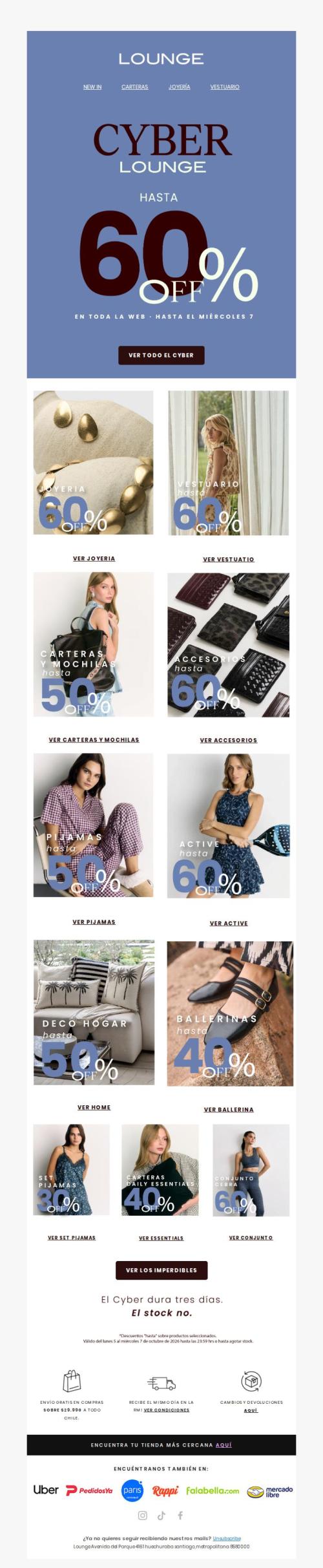 Ya empezó. Hasta 60% OFF en todo Lounge 🖤