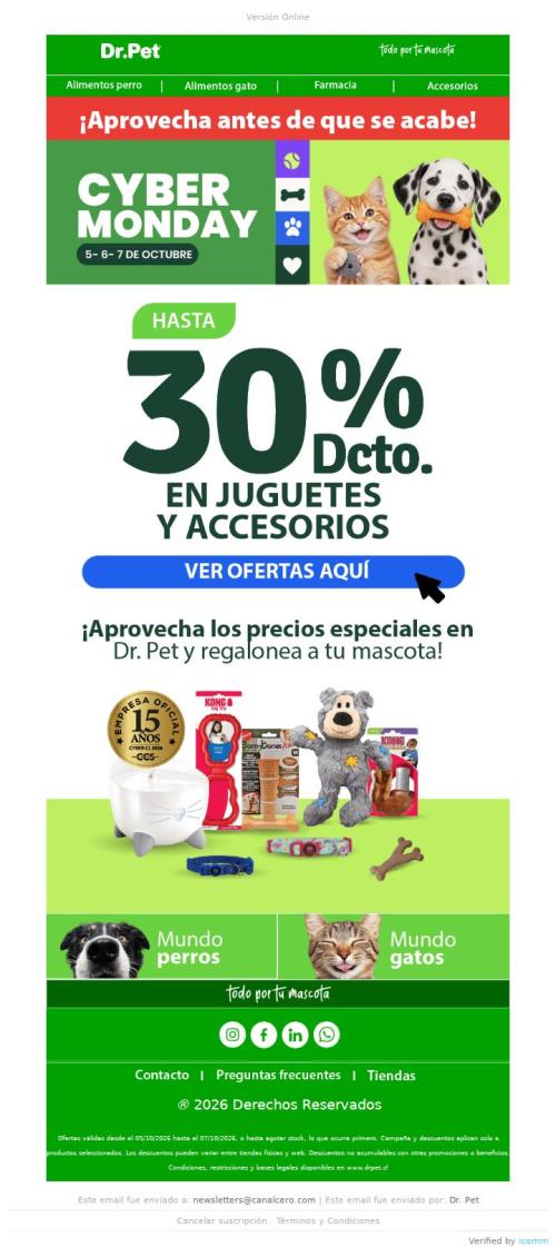 🌟 ¡Cyber en Dr. Pet! Hasta 30% dcto. en accesorios y juguetes 🐶 