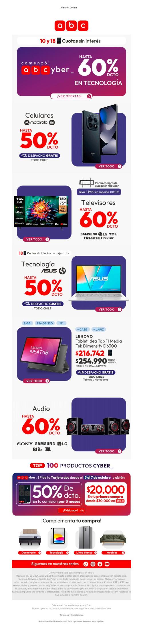 Tecnología hasta 60% dcto en Cyber 📱💻