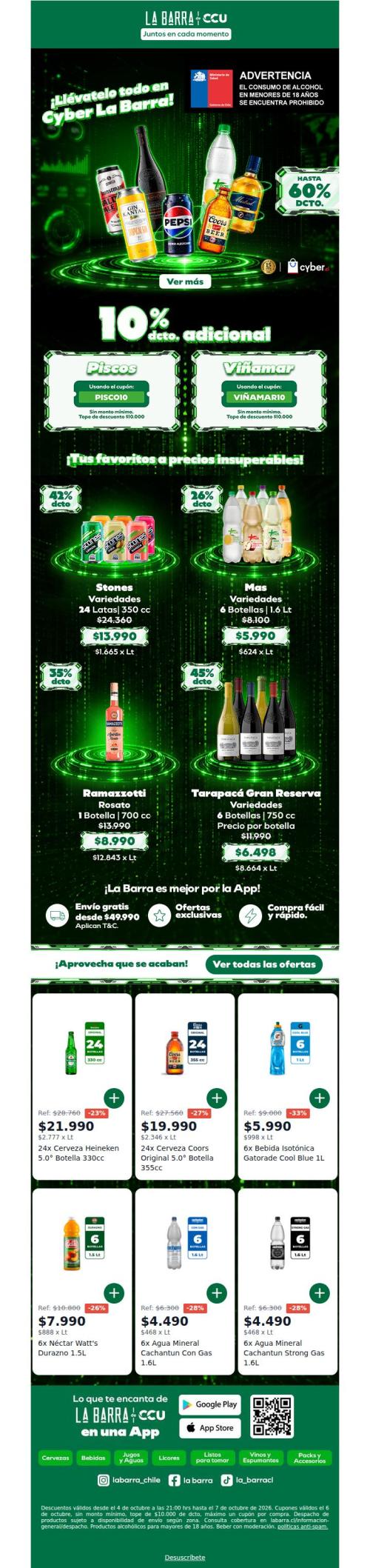 10% dcto adicional en Piscos y Viñamar.