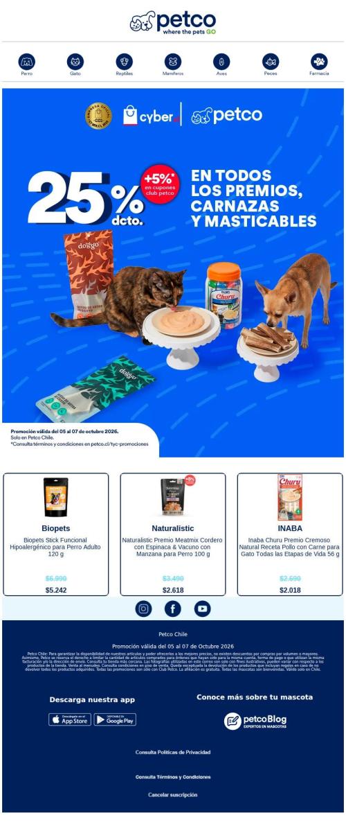 ¡ÚLTIMO DÍA CYBER! 25% en premios, carnazas y masticables 🐶🐱 