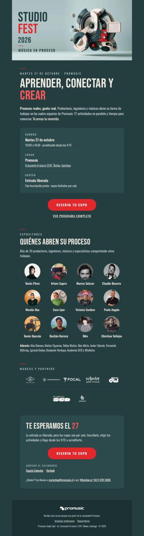 Studio Fest 2026: martes 27 de octubre en Promusic