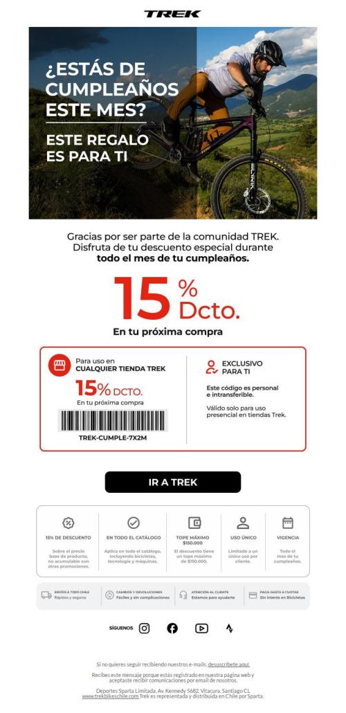 Hola, disfruta de un 15% de descuento en el mes de tu cumpleaños