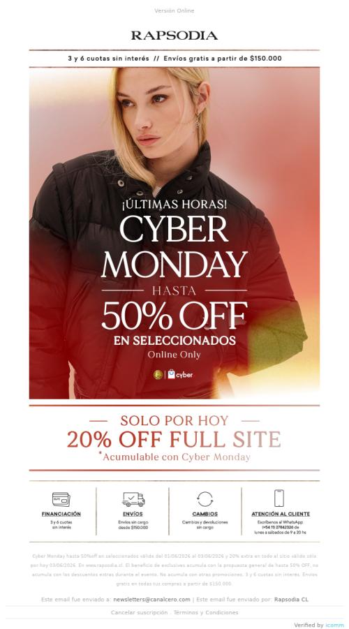 ⏳ ÚLTIMAS HORAS: Cyber Monday | Hasta 50% OFF + 20% OFF Full Site