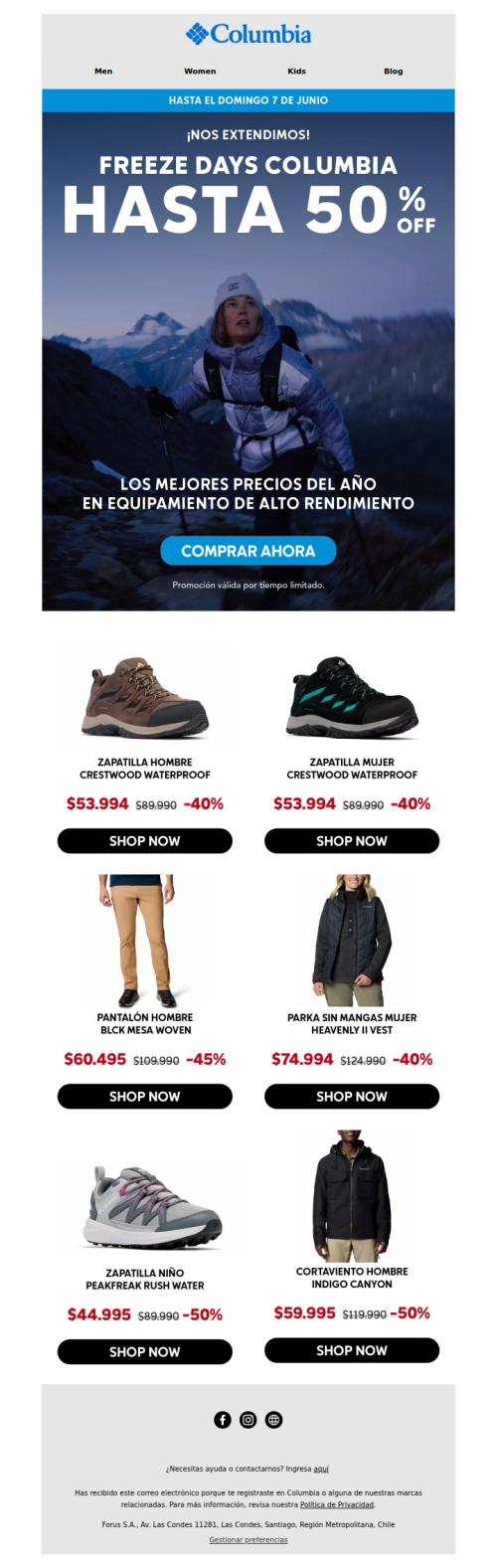 ❄️ ¡Nos extendimos! Freeze Days Columbia con hasta 50% OFF