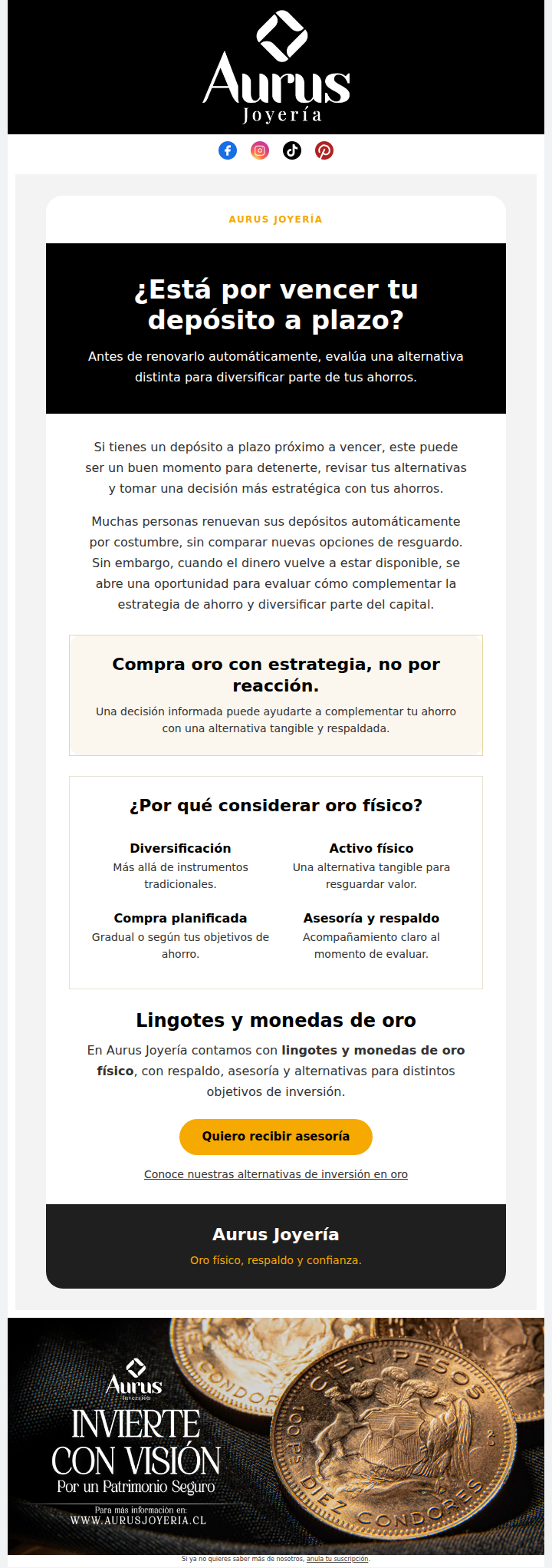 ¿Vence tu depósito a plazo? Evalúa una alternativa en oro físico