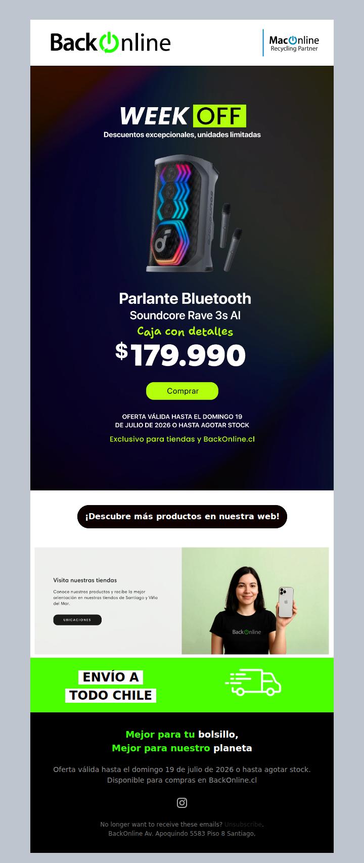 ¡Week OFF! Parlante Bluetooth Soundcore Rave 3s AI desde $179.990.